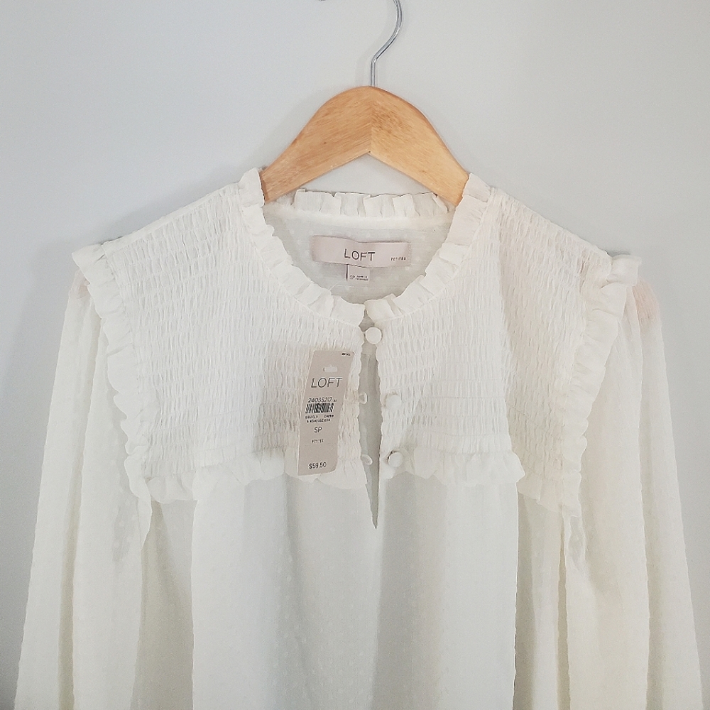 LOFT Petite Bohemian White Blouse | Pleated Puff Sleeves